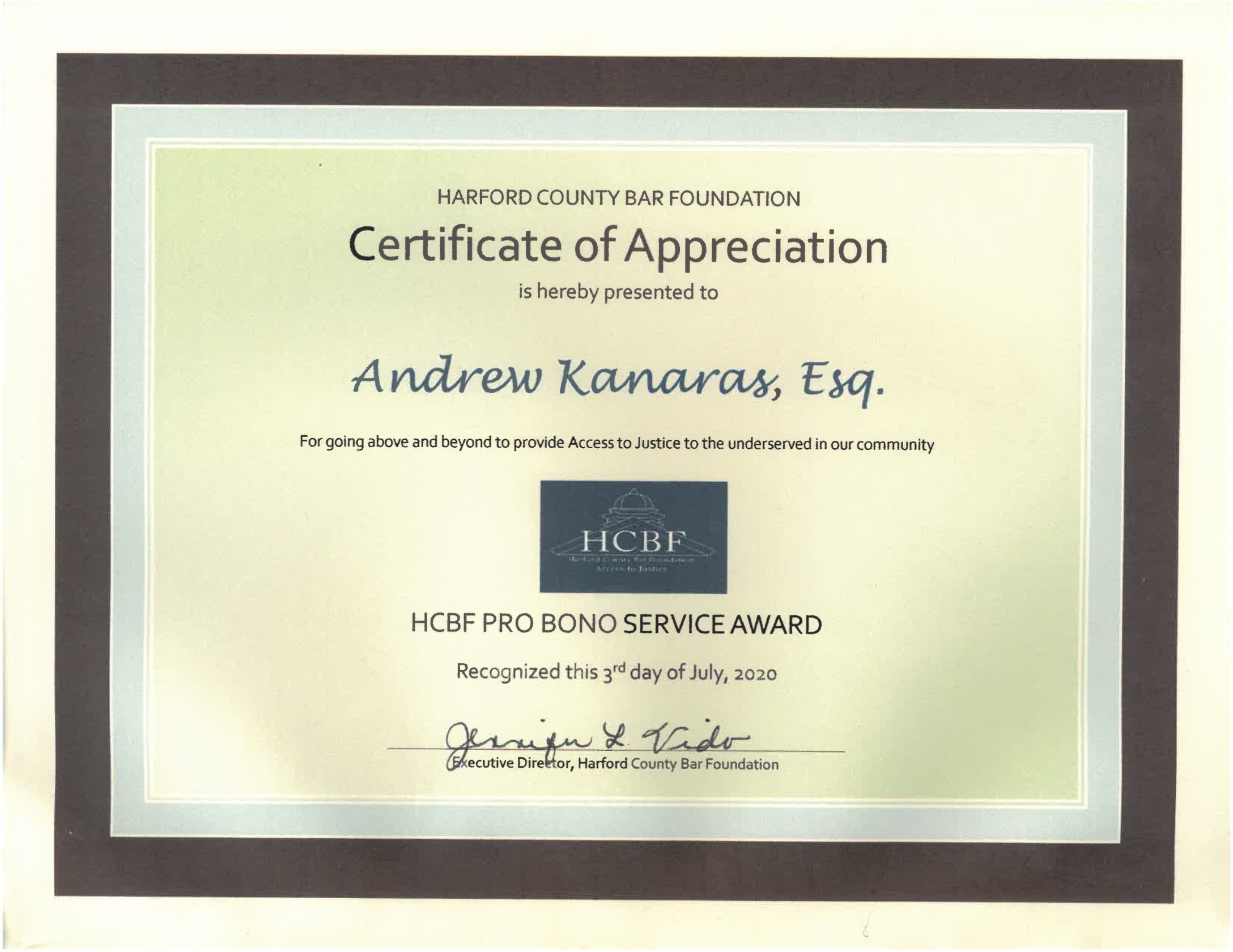 2020 HCBF Pro Bono Service Award certificate presented to Andrew Kanaras