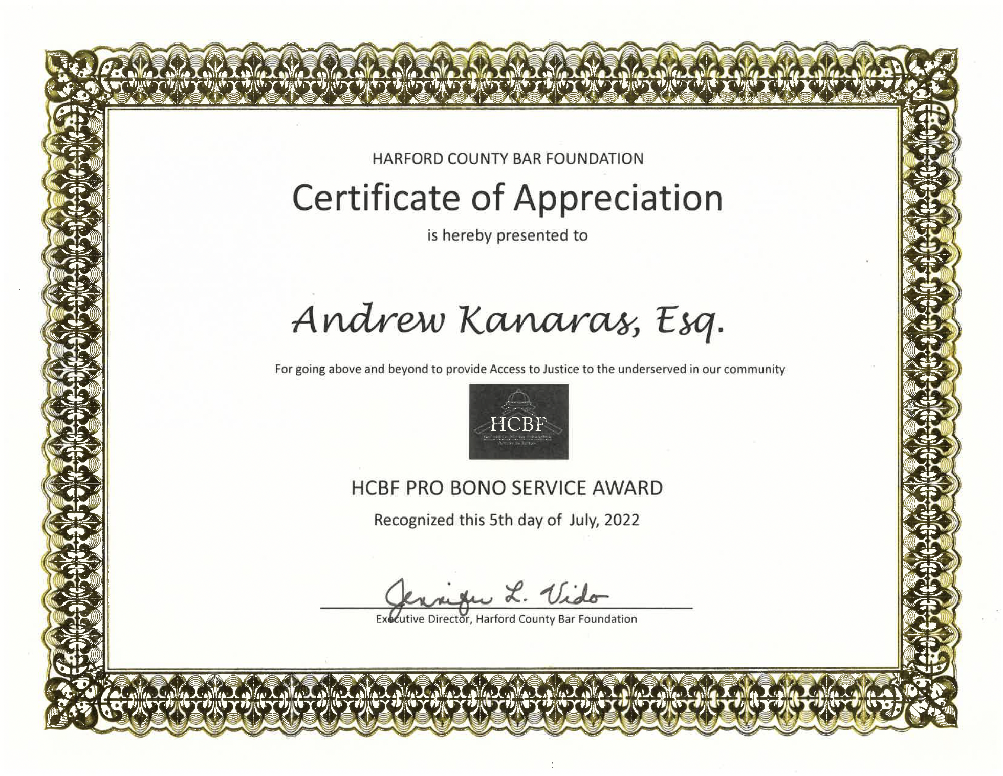 2022 HCBF Pro Bono Service Award certificate presented to Andrew Kanaras