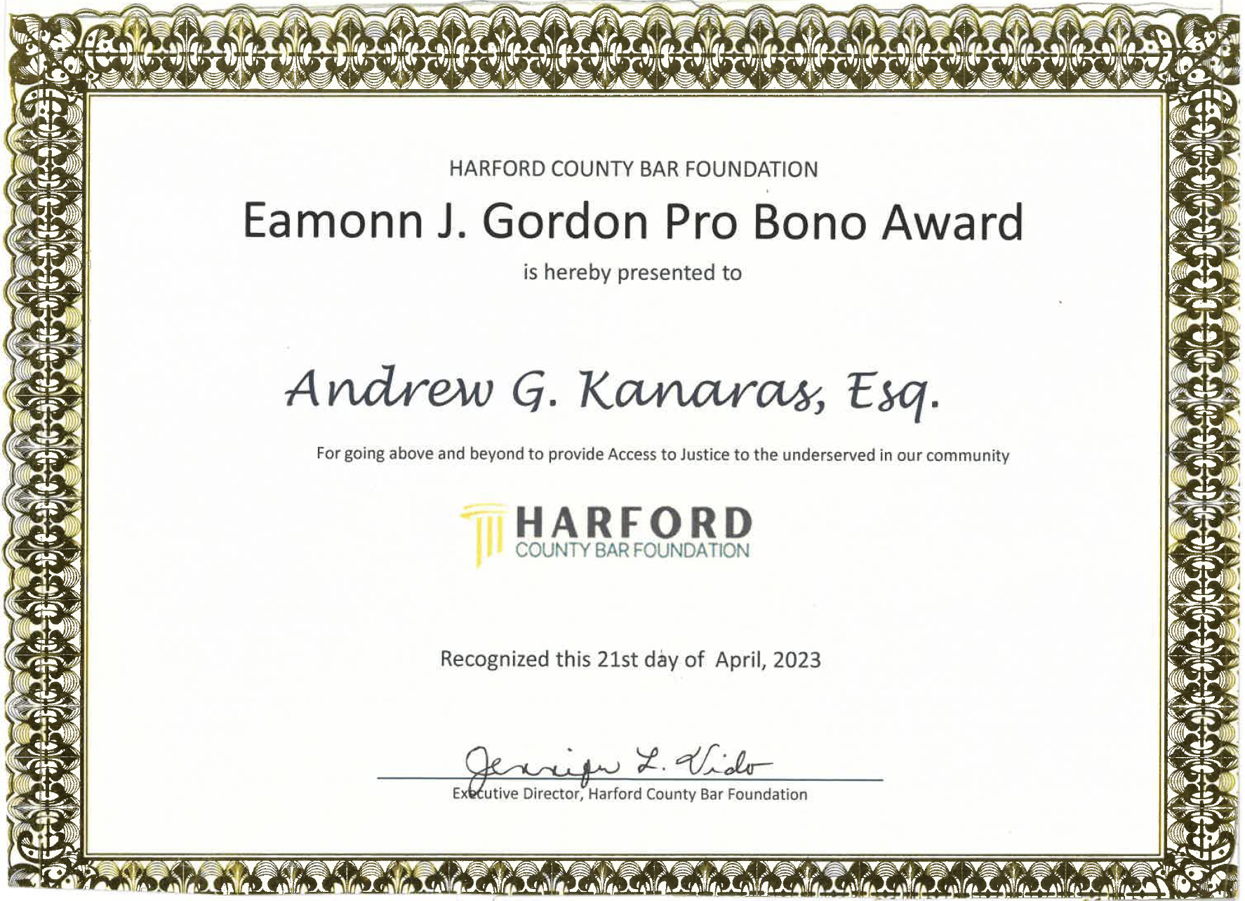 2023 Eamonn J. Gordon Pro Bono Award certificate presented to Andrew G. Kanaras