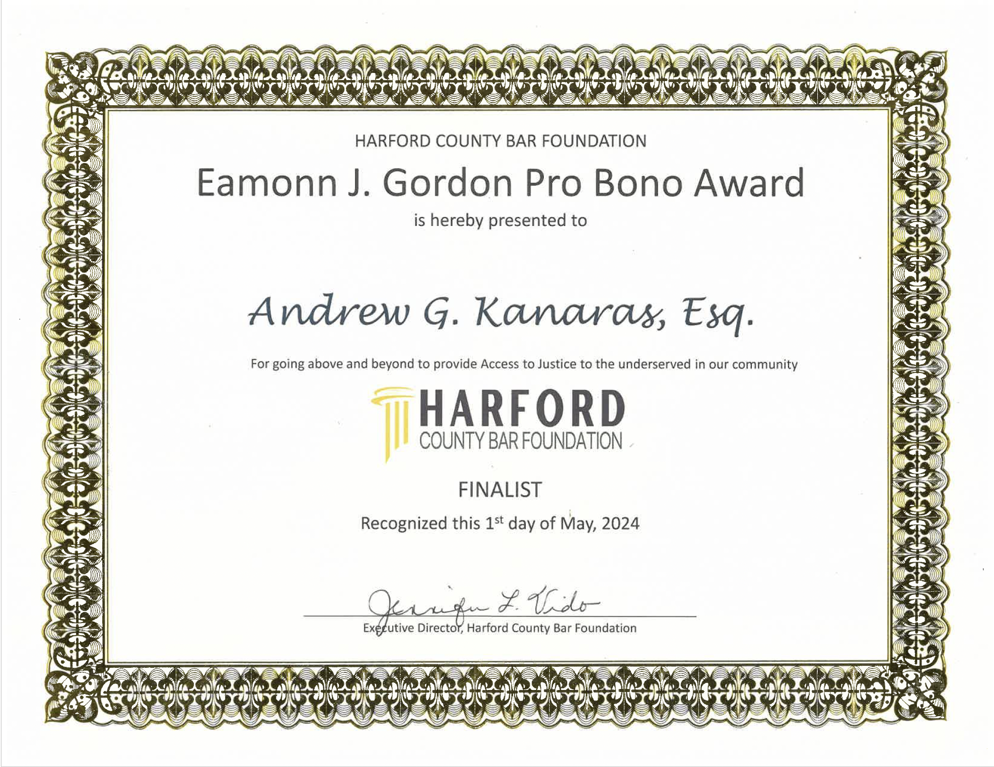 2024 Eamonn J. Gordon Pro Bono Award finalist certificate presented to Andrew G. Kanaras