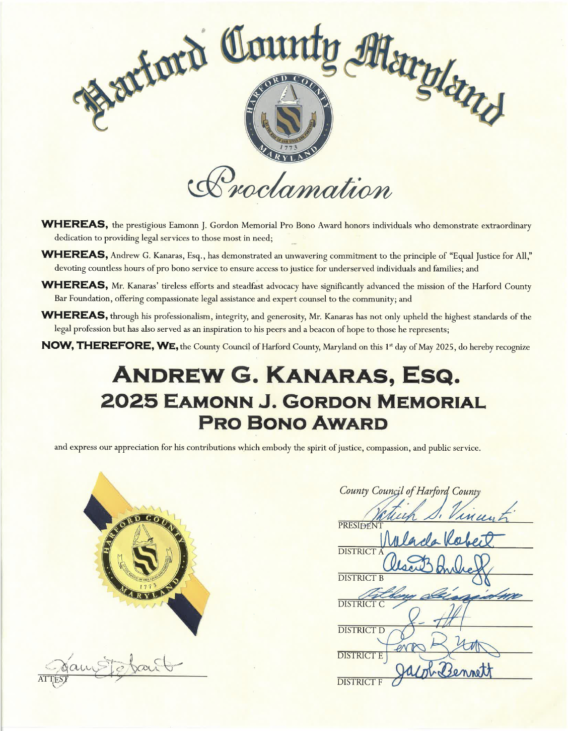Harford County proclamation recognizing Andrew G. Kanaras for the 2025 Eamonn J. Gordon Memorial Pro Bono Award